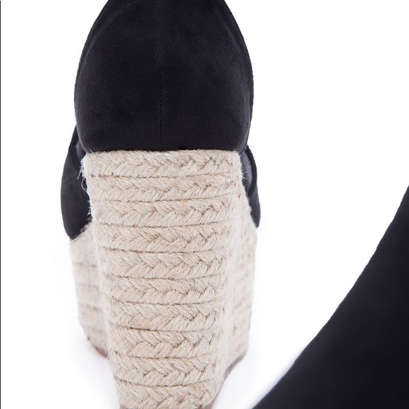 Black Wedge Faux Suede Peep Toe Espadrille Sandals - Picture 4 of 5